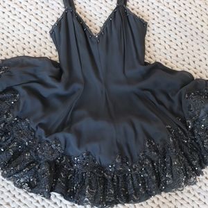 1980s fancy black silk dress with sequins & lace